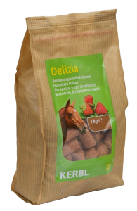 Vrecko maškŕt pre kone Delizia. Balenie 1 kg. Pamlsky pre kone s príchuťou jahoda.